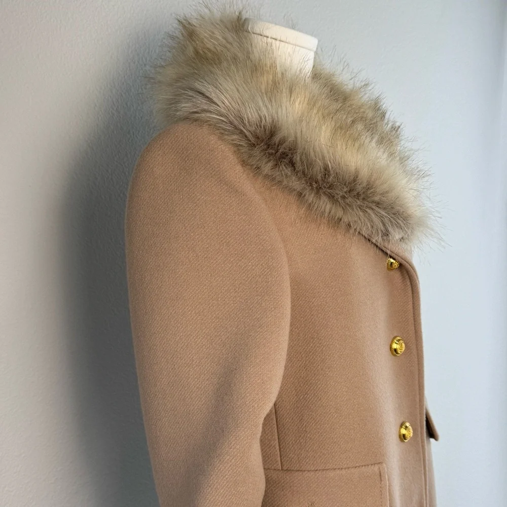 Zara Wool Blend Mid Length Coat Size M Faux Fur Removable Collar Camel Tan - Picture 7 of 17